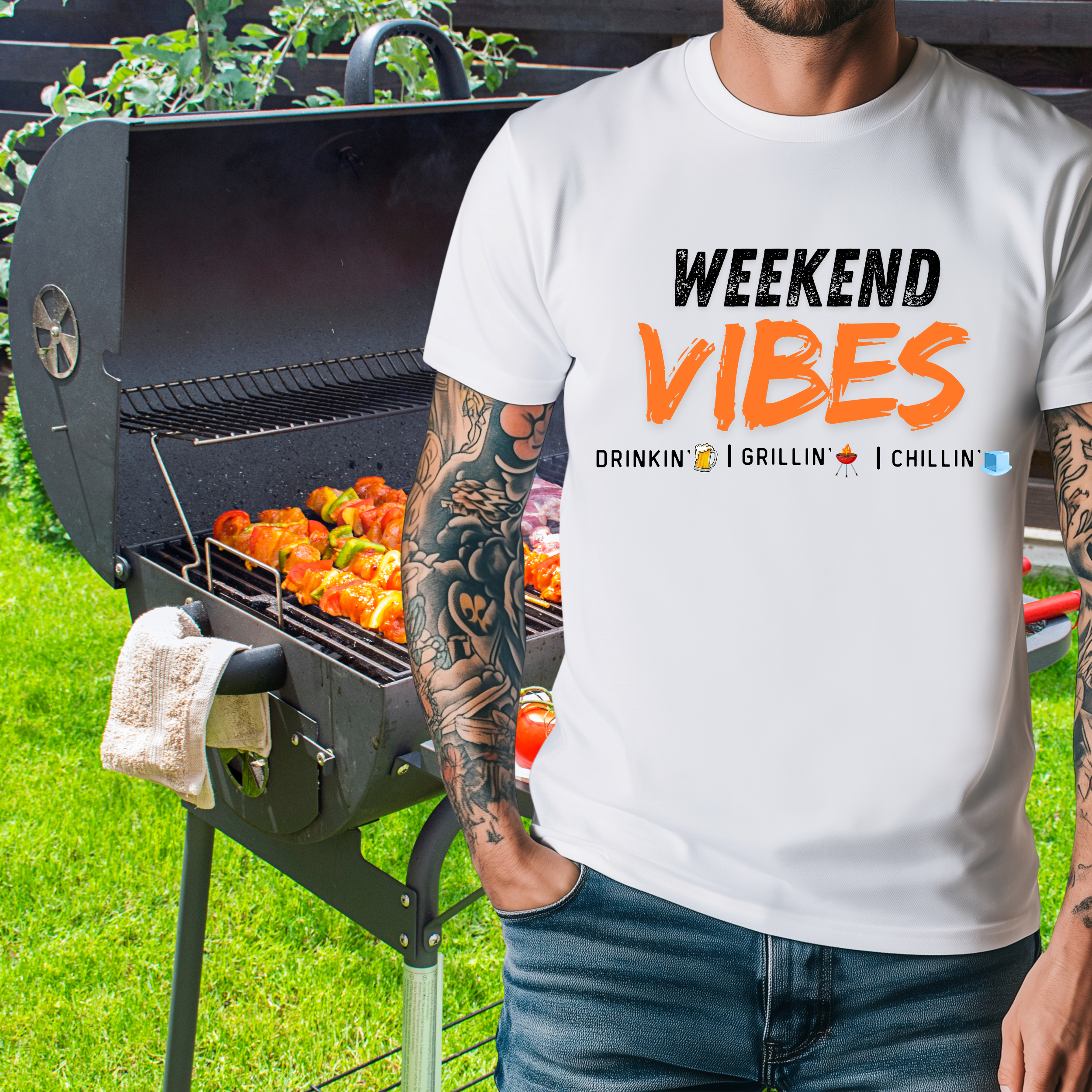 Weekend Vibes Graphic Print T-Shirt — Drinkin’ Grillin’ Chillin’ All Day!