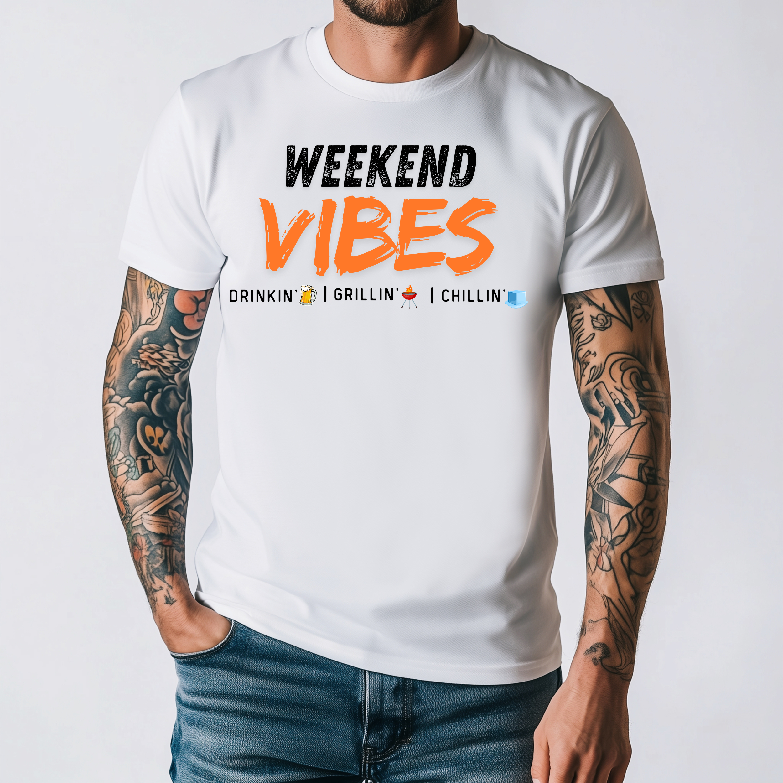Weekend Vibes Graphic Print T-Shirt — Drinkin’ Grillin’ Chillin’ All Day!